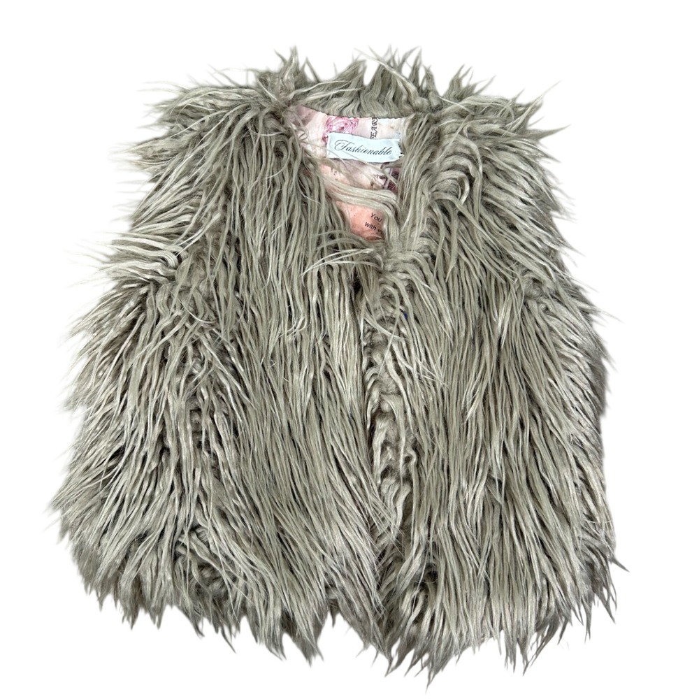 Y2K Toddler Faux Fur Teddy Vest Girls 1-2yrs Brown Boho Neutral Layering Fuzzy